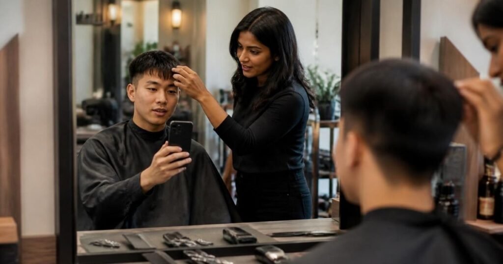 Client showing a barber a reference photo on his phone while discussing a haircut in front of a barbershop mirror