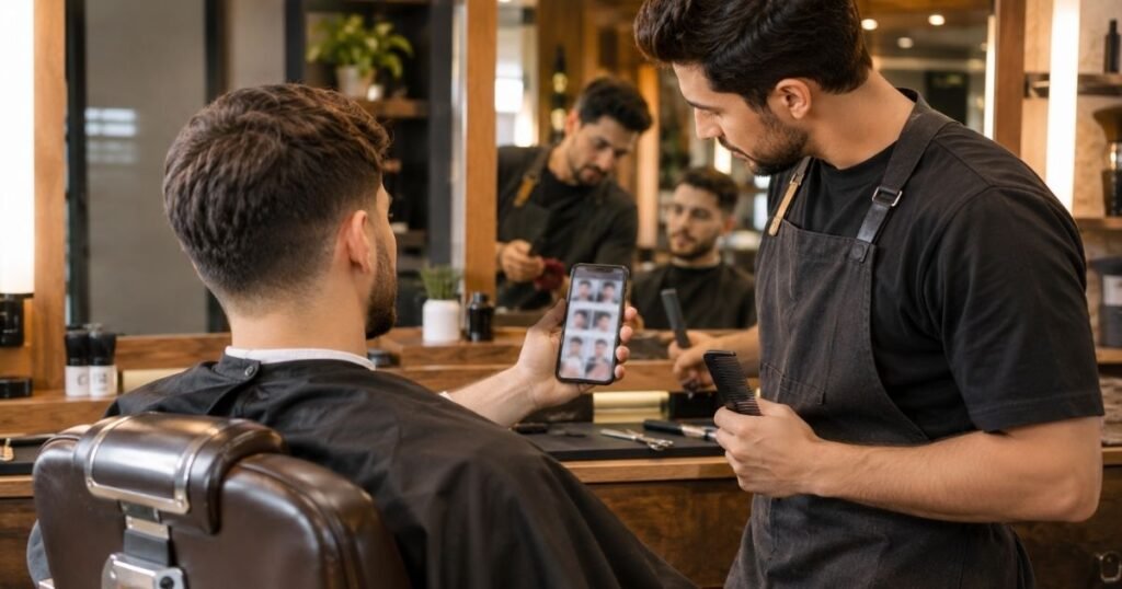 Client showing reference photos on his phone to a barber in a barbershop before a haircut