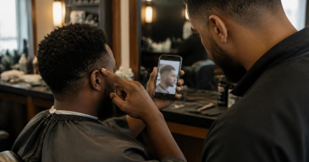 Client showing a reference photo on his phone to a barber while pointing to where he wants the fade to start