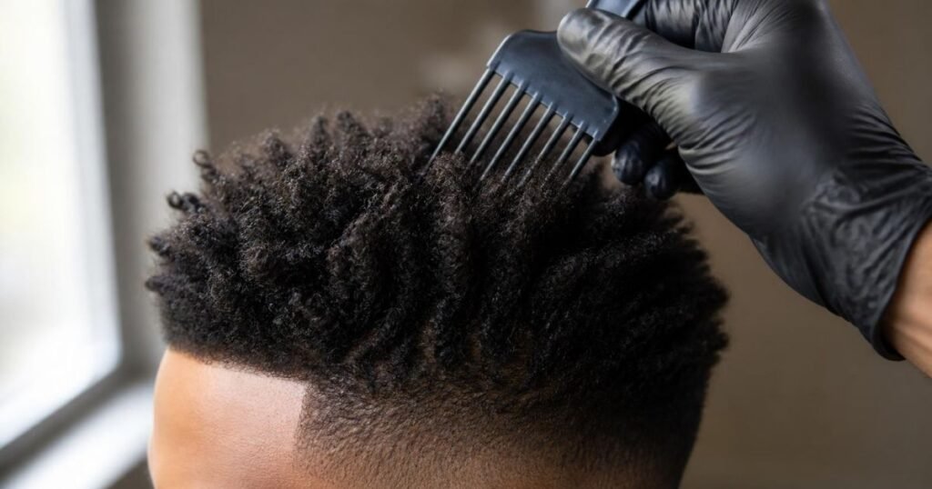 Close-up of a barber's hand lifting coily hair on top of a head with a faded side, showing natural texture and length