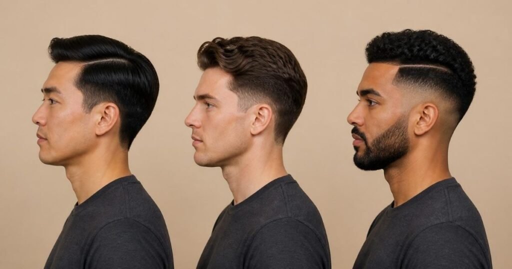 Three men in side profile showing different comb over haircut styles for men: a low taper with straight hair, a mid fade with wavy hair, and a skin fade with a textured top