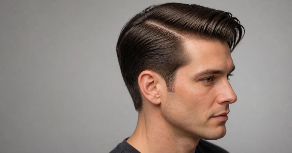 Close side-profile view of a man’s comb over hairstyle showing the defined part, longer hair swept to one side, and shorter tapered sides