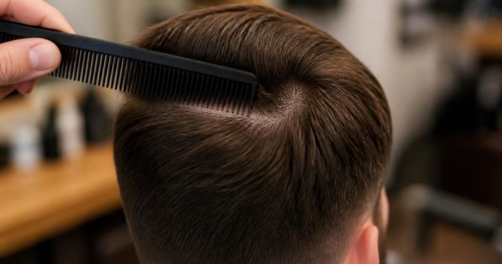 Close-up of a comb parting a man’s hair at the crown to show the natural direction of hair growth