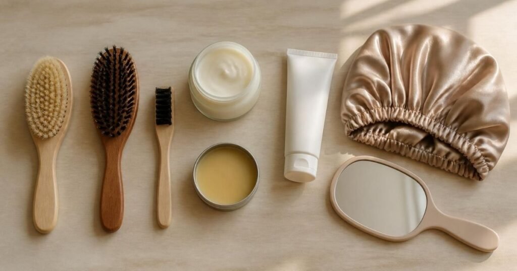 Flat lay of grooming items for maintaining a fade, including a soft brush, wave brush, hair cream, pomade, edge control, and a satin bonnet