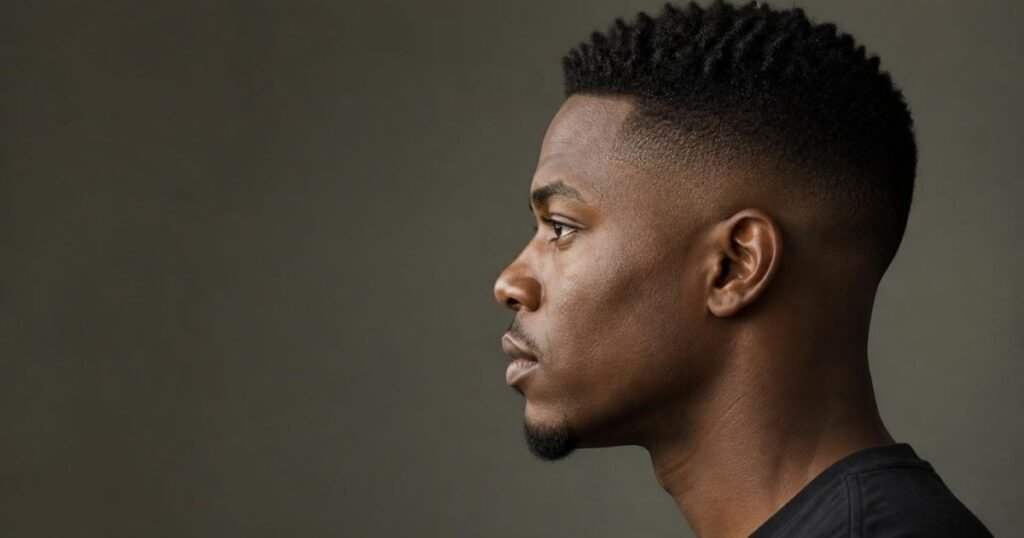 Side profile of a Black man with a fade haircut, showing the hair shortening gradually from the top down to the skin near the ear