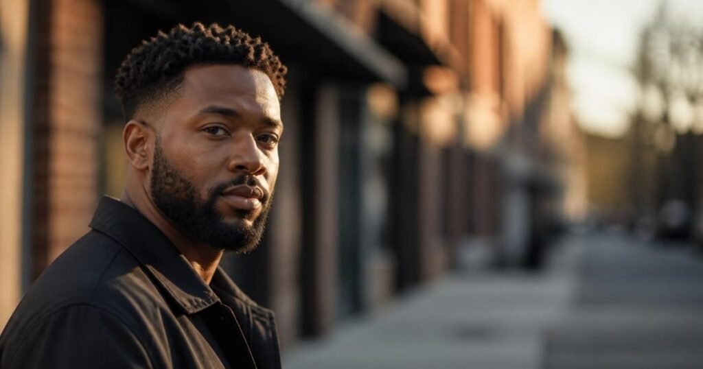 Black man with twists on top, faded sides, and a neatly lined beard photographed outdoors in soft evening light