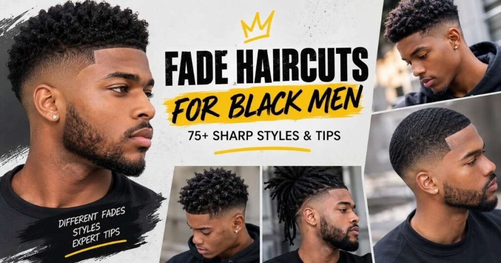Fade haircuts for Black men featuring waves, curls, twists, locs, and sharp fade styles.