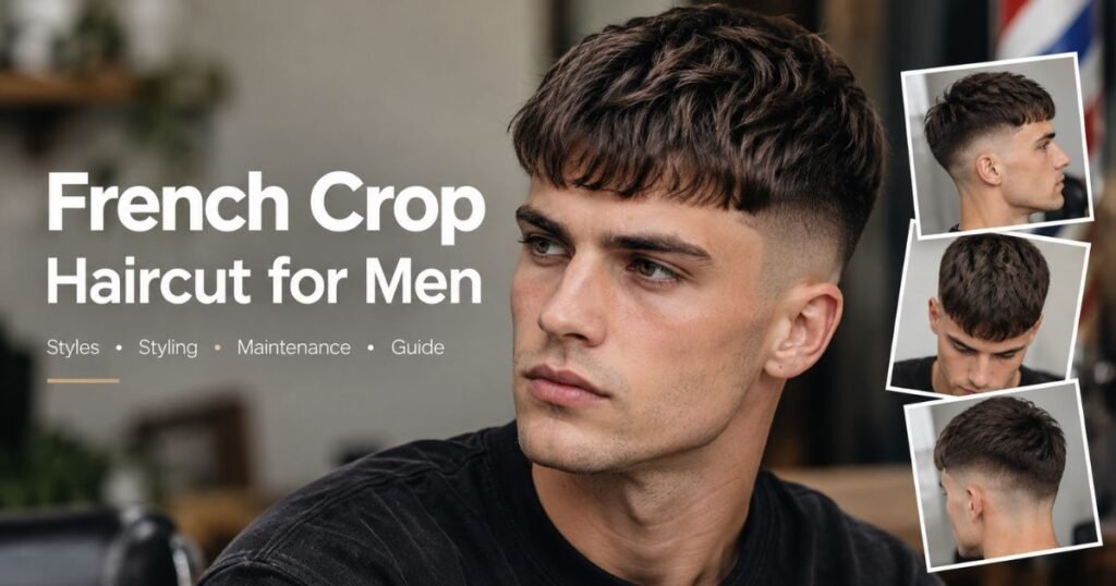 French crop haircut for men featuring a textured forward fringe, short faded sides, and modern French crop variations.