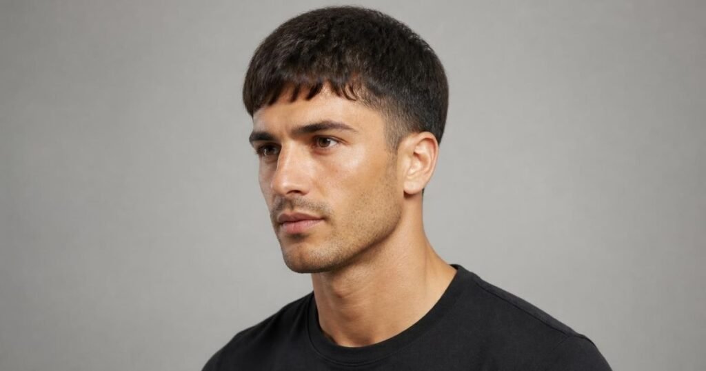 Man shown from a three-quarter angle with a short forward fringe above the eyebrows and tapered sides