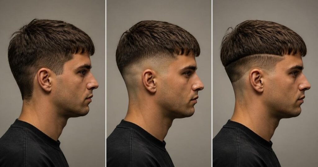 Three side-profile views of the same short forward fringe with a taper, a fade, and an undercut on the sides