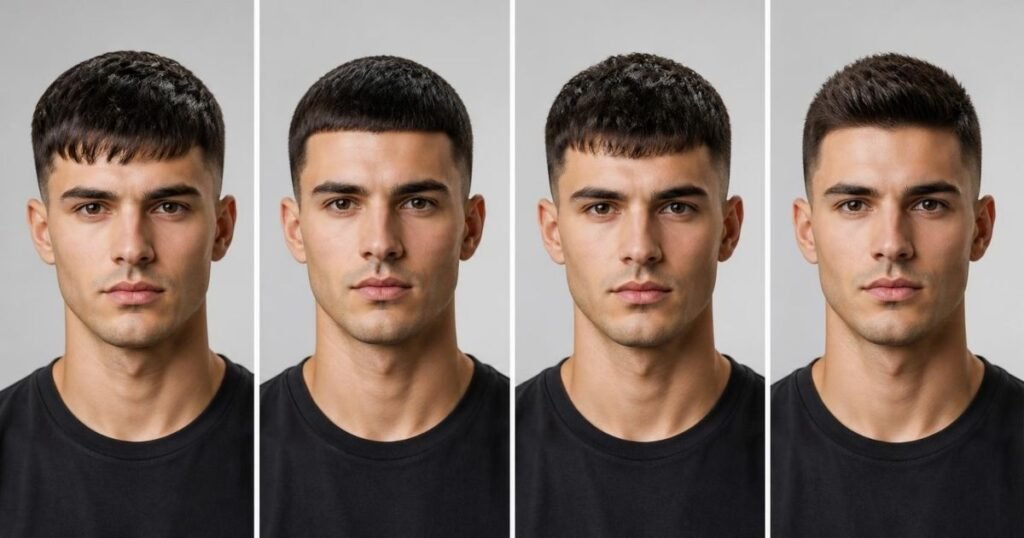 Four men shown from the front side by side, each with a different short haircut: French crop, Caesar cut, textured crop, and crew cut