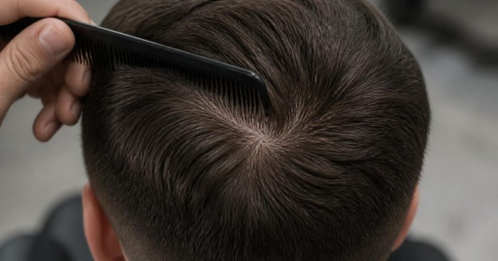 Overhead close-up of a man's crown showing natural hair growth direction and density with a comb parting the hair