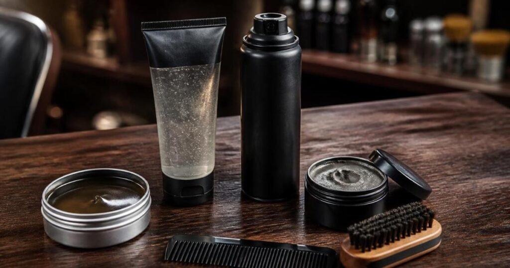 Four unbranded men’s hair styling products, including pomade, gel, mousse, and matte clay, arranged on a barber counter with a comb and brush