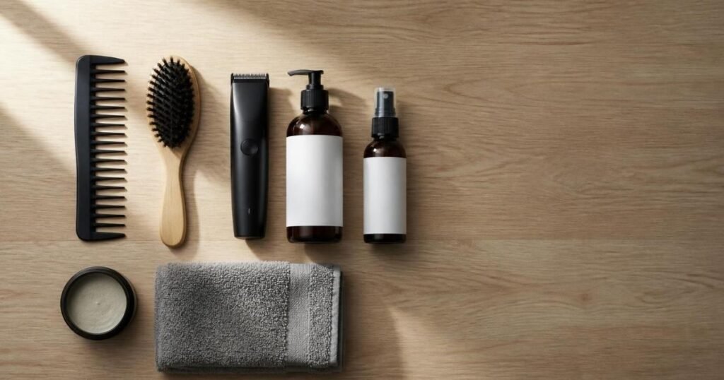 Flat lay of hair care essentials, including a comb, trimmer, conditioner, heat protectant spray and matte clay