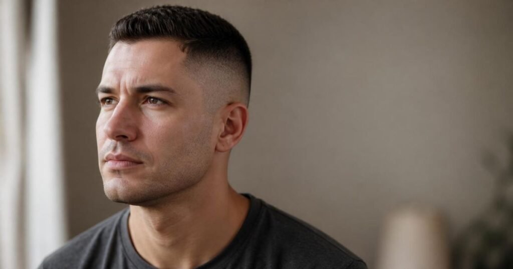 Three-quarter portrait of a man with a high and tight haircut, showing how short sides reveal the temple, ear, and jawline.