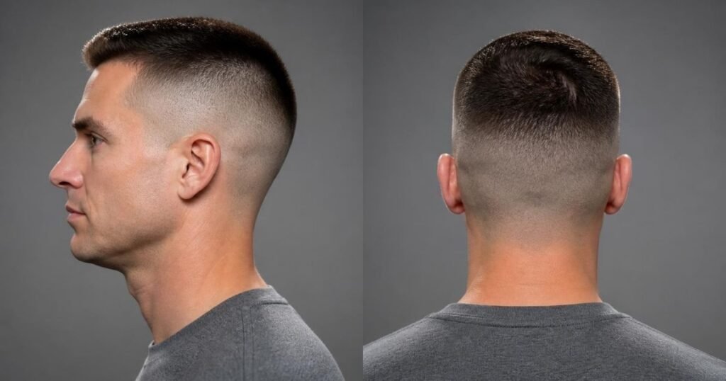 Side and back views of a man with a modern high and tight haircut, showing very short sides climbing high and a longer top.