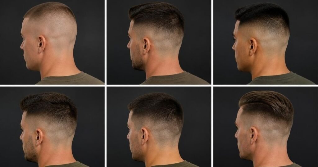 Six-panel grid of high and tight haircut variations: classic, fade, skin fade, textured top, taper fade, and long top.
