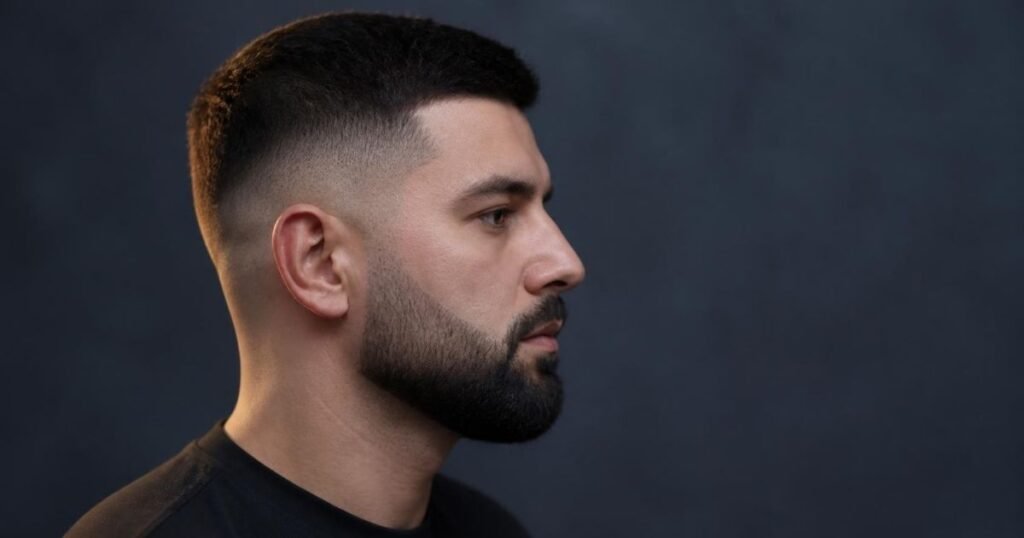 Side view of a man with a high fade blending into his sideburn and a short trimmed beard.