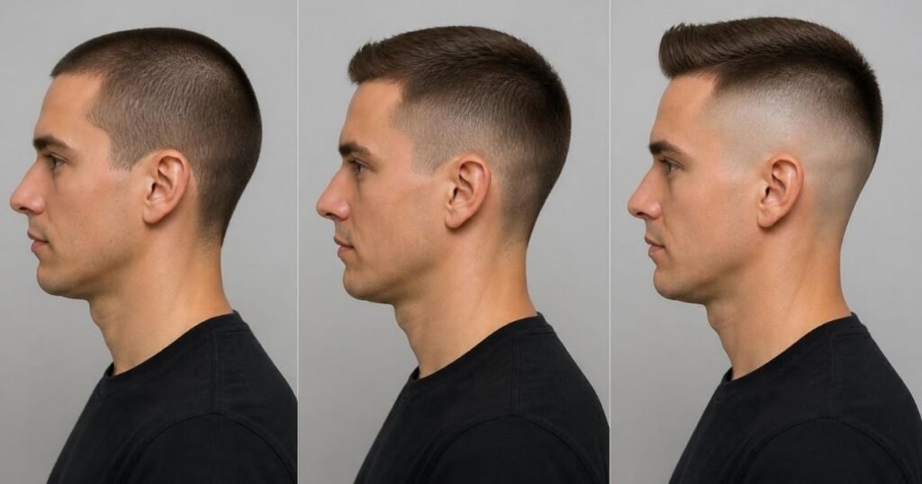 Three side-profile haircuts compared side by side: a buzz cut, a crew cut, and a high and tight.