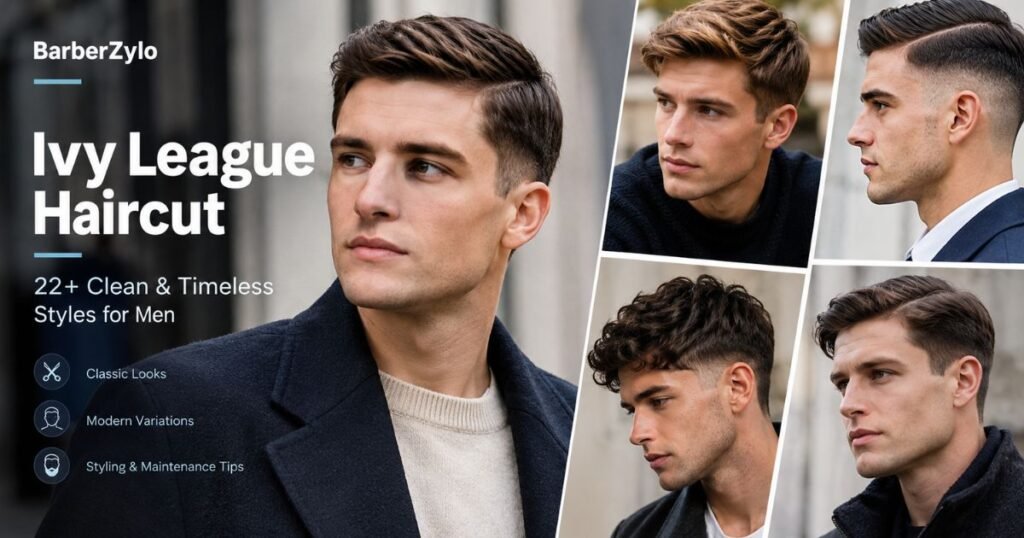 Ivy League haircut for men featuring classic side-swept, textured, curly, and fade variations.