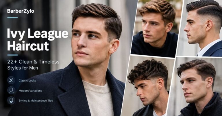 Ivy League haircut for men featuring classic side-swept, textured, curly, and fade variations.