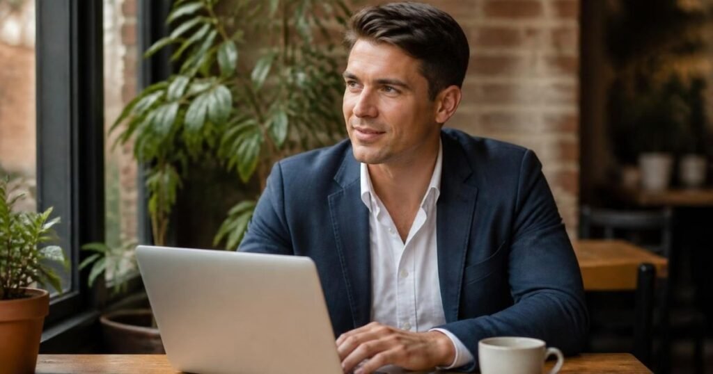 Man with a neat Ivy League haircut working on a laptop at a café table in a relaxed blazer and open-collar shirt