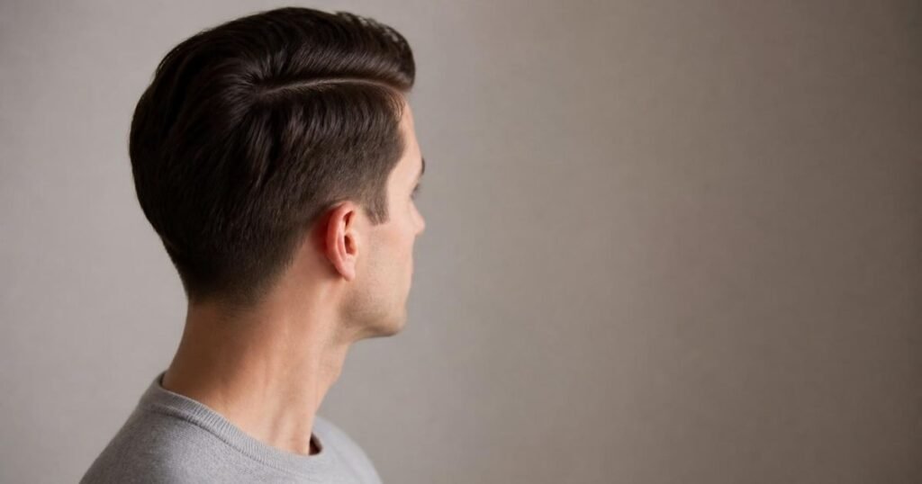 Side-rear view of a man with an Ivy League haircut showing tapered sides, a longer top and a soft side part