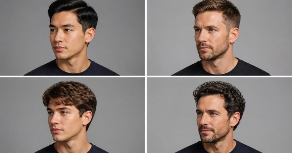 Four men with different Ivy League haircut variations, including a classic side part, a textured cut, a wavy top with tapered sides and a curly top with a short beard