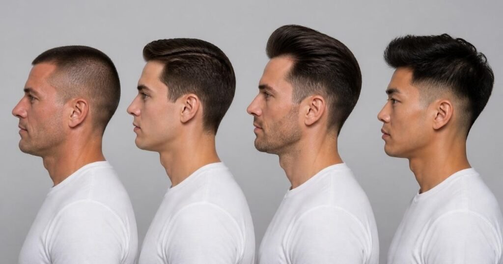 Four men in side profile comparing a crew cut, an Ivy League haircut, a pompadour and a mid fade