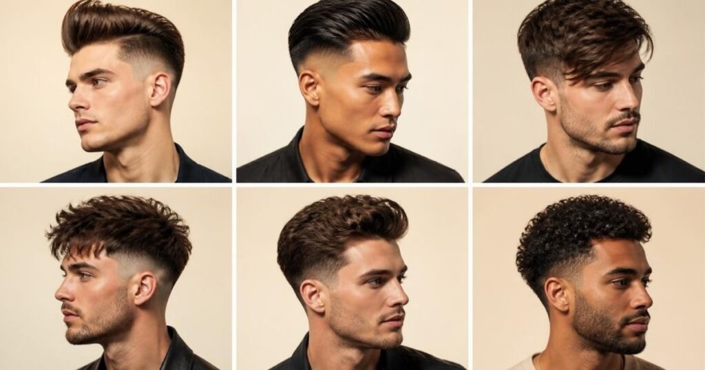 Six examples of long top short sides men’s haircuts, including a pompadour, slick-back, side fringe, textured top, wavy quiff and curly top