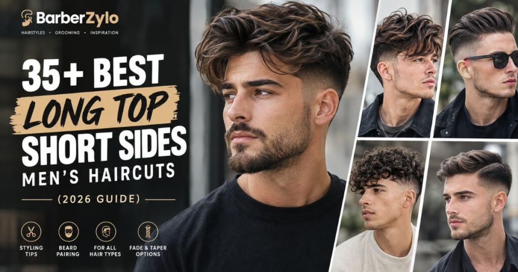 Men’s long top short sides haircuts featuring textured, wavy, curly, and swept-back styles with fades and tapered sides.