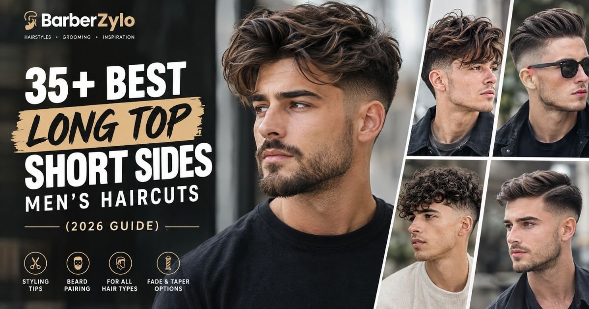Men’s long top short sides haircuts featuring textured, wavy, curly, and swept-back styles with fades and tapered sides.