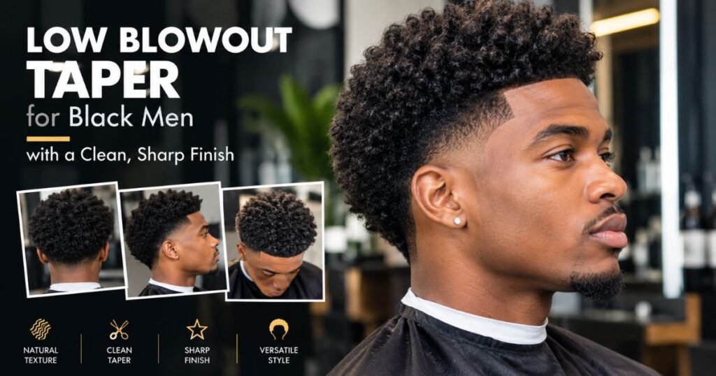 Low blowout taper for Black men with natural textured curls, clean tapered temples and neckline, and a sharp finish.