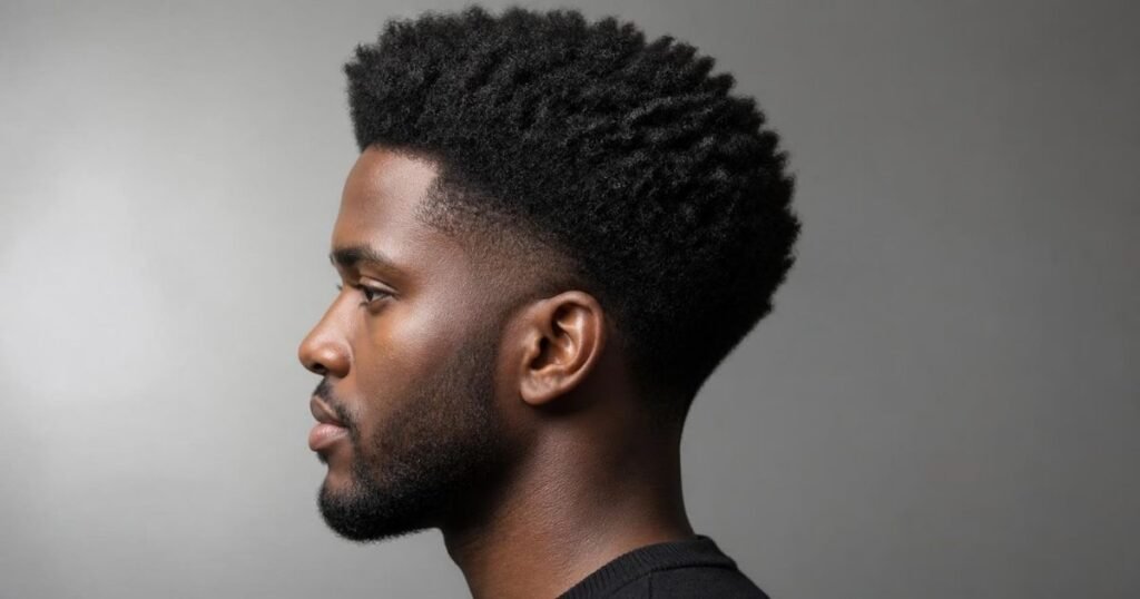 Side profile of a Black man with a low blowout taper showing a full lifted top, tapered sideburn, shortened hair around the ear, and a clean nape.