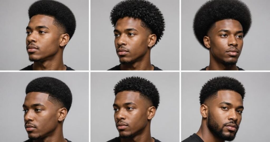 Six-panel grid of Black men showing low blowout taper variations, including classic, curly top, afro, temple fade, short, and with a beard.