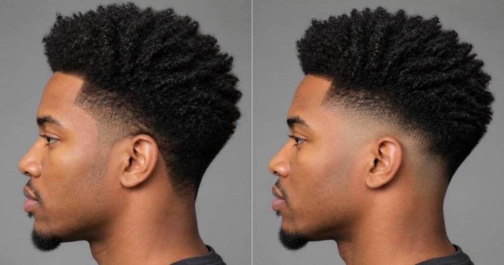 Side-by-side comparison of a softer low blowout taper and a shorter, higher-contrast low fade on textured hair.