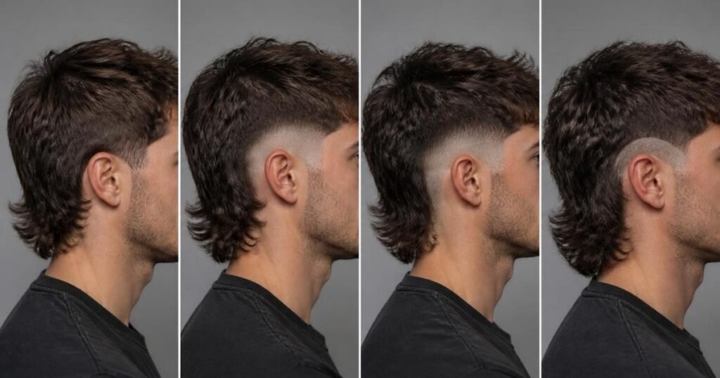 Four side-profile close-ups comparing low, mid, high, and burst fade mullet variations