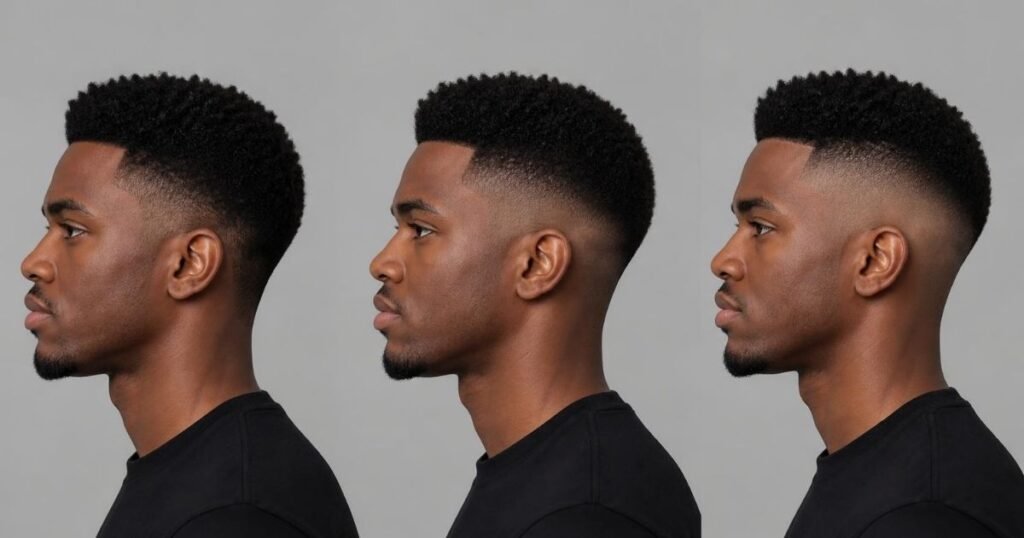 Three side-by-side profile portraits showing low, mid, and high fade haircuts on Black men to compare where each fade starts