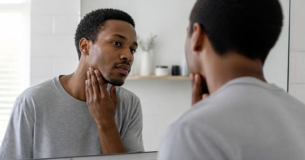 Black man looking at his side profile in a bathroom mirror while considering which fade haircut might suit him
