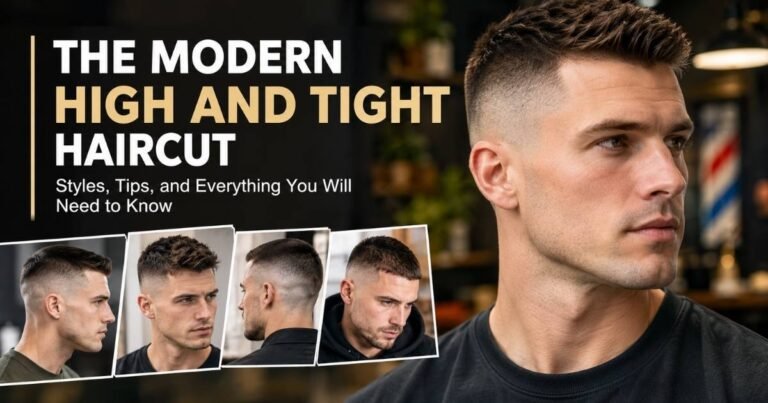Modern high and tight haircut featuring a textured top, closely clipped sides, and a clean fade, with examples of modern high and tight styles.