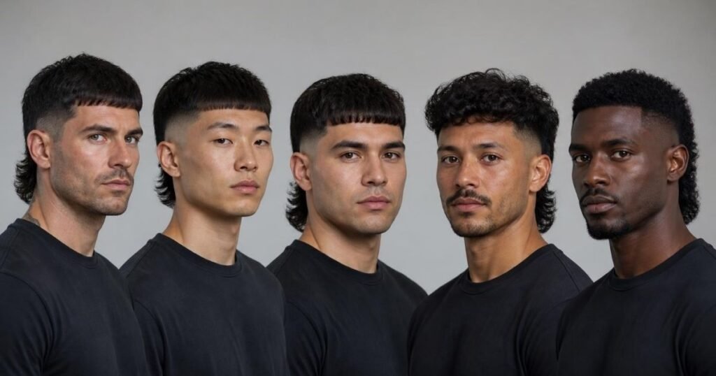 Five men with different face proportions each wearing a modern mullet fade adapted to their features