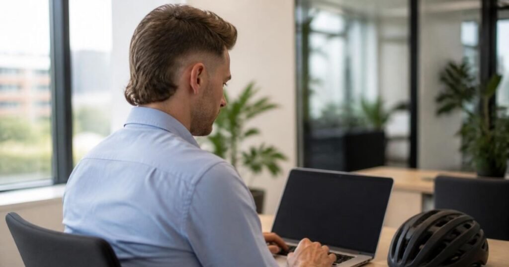 Man at a desk in a modern office showing a subtle mullet fade with the back resting at his shirt collar