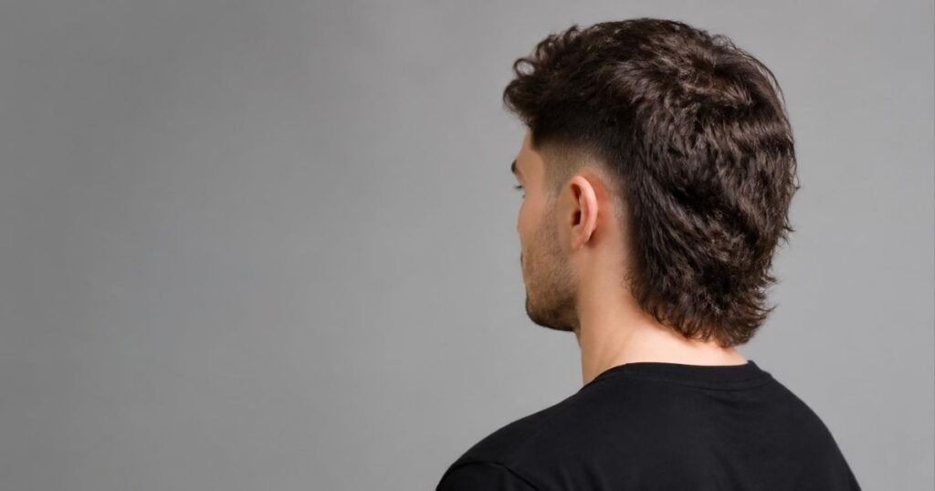 Rear three-quarter view of a man with a modern mullet fade showing a textured top, blended short sides, and a longer back