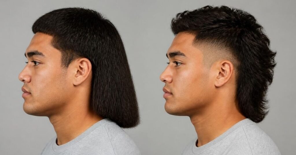 Side-by-side profile comparison of a traditional mullet with a blunt back and a modern mullet fade with blended sides