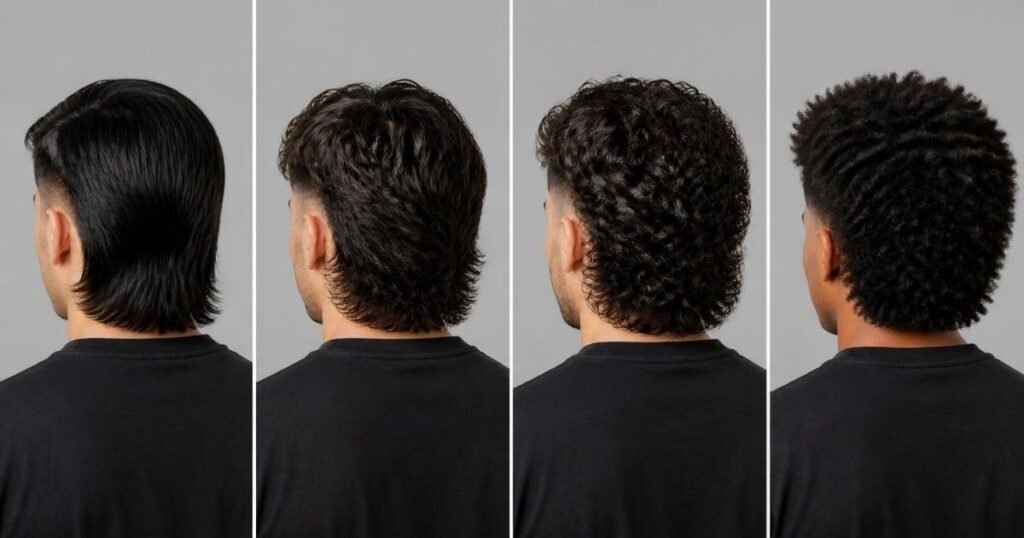 Rear views of mullet fades on straight, wavy, curly, and coily hair showing how the back falls on each texture