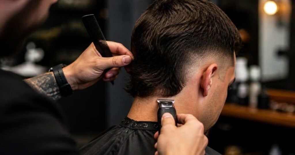 Barber using a trimmer to clean up the neckline of a mullet fade while holding the longer back out of the way