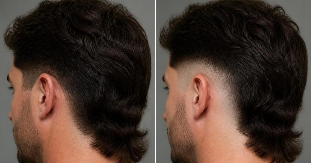 Close-up comparison of a taper mullet with visible short hair and a fade mullet that blends down to skin at the ear and nape