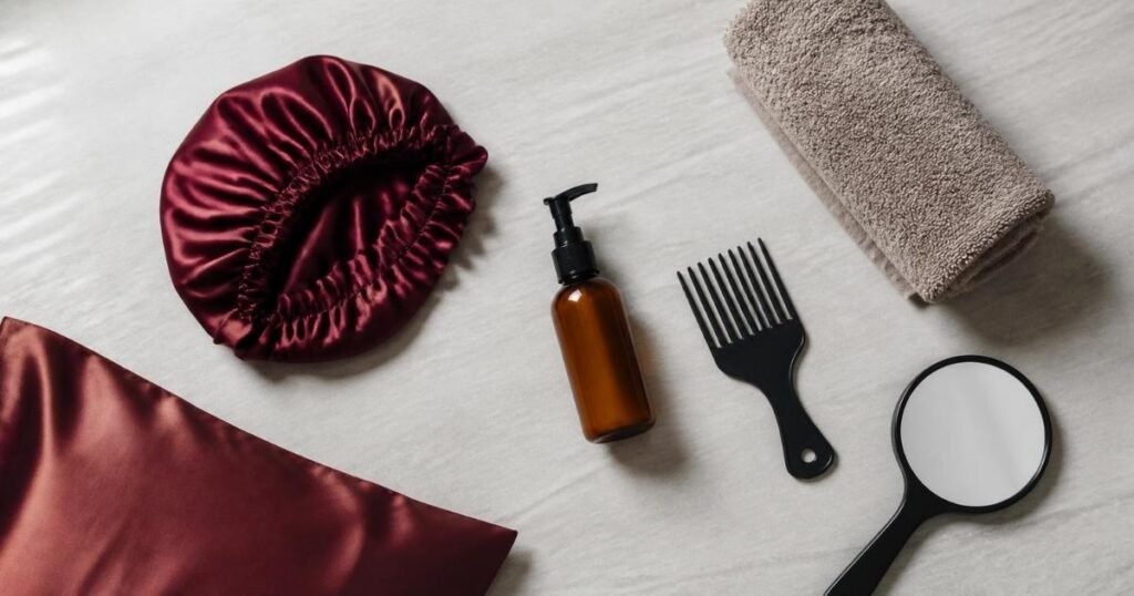 Flat lay of satin bonnet, wide-tooth pick, unlabeled leave-in bottle, and soft towel used to maintain textured hair.