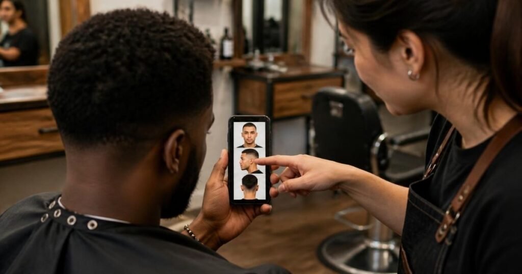 Man applying moisturizer to his scalp beside a trimmer on a bathroom counter after a buzz cut