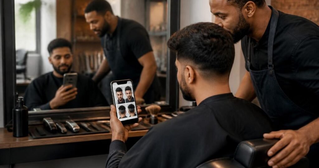 Client showing a barber reference photos of a haircut on a phone during a consultation in a barbershop chair